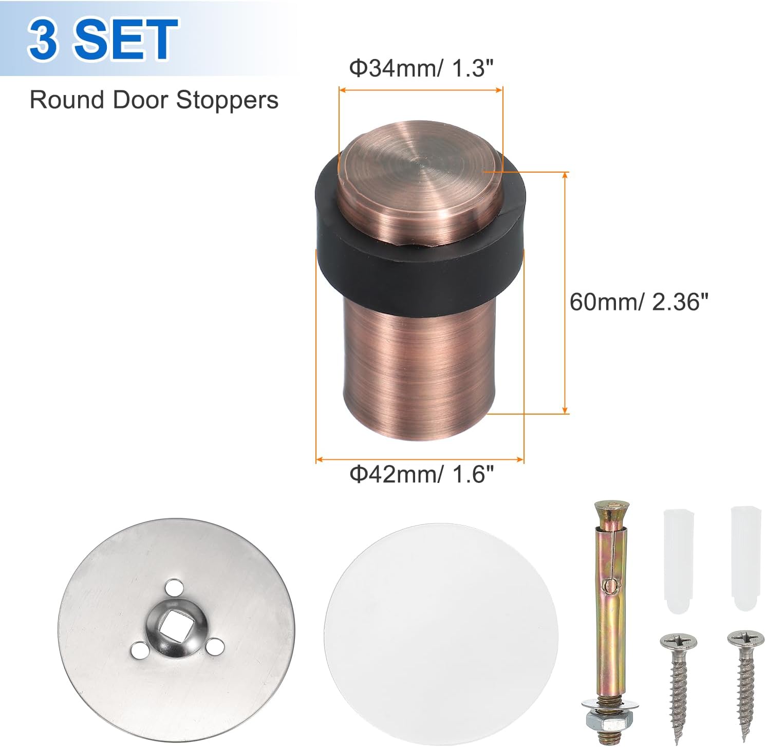PATIKIL 3Set Round Door Stoppers, 60mm Stainless Steel Door Stop Doorstop Wedge Metal Cylinder Self