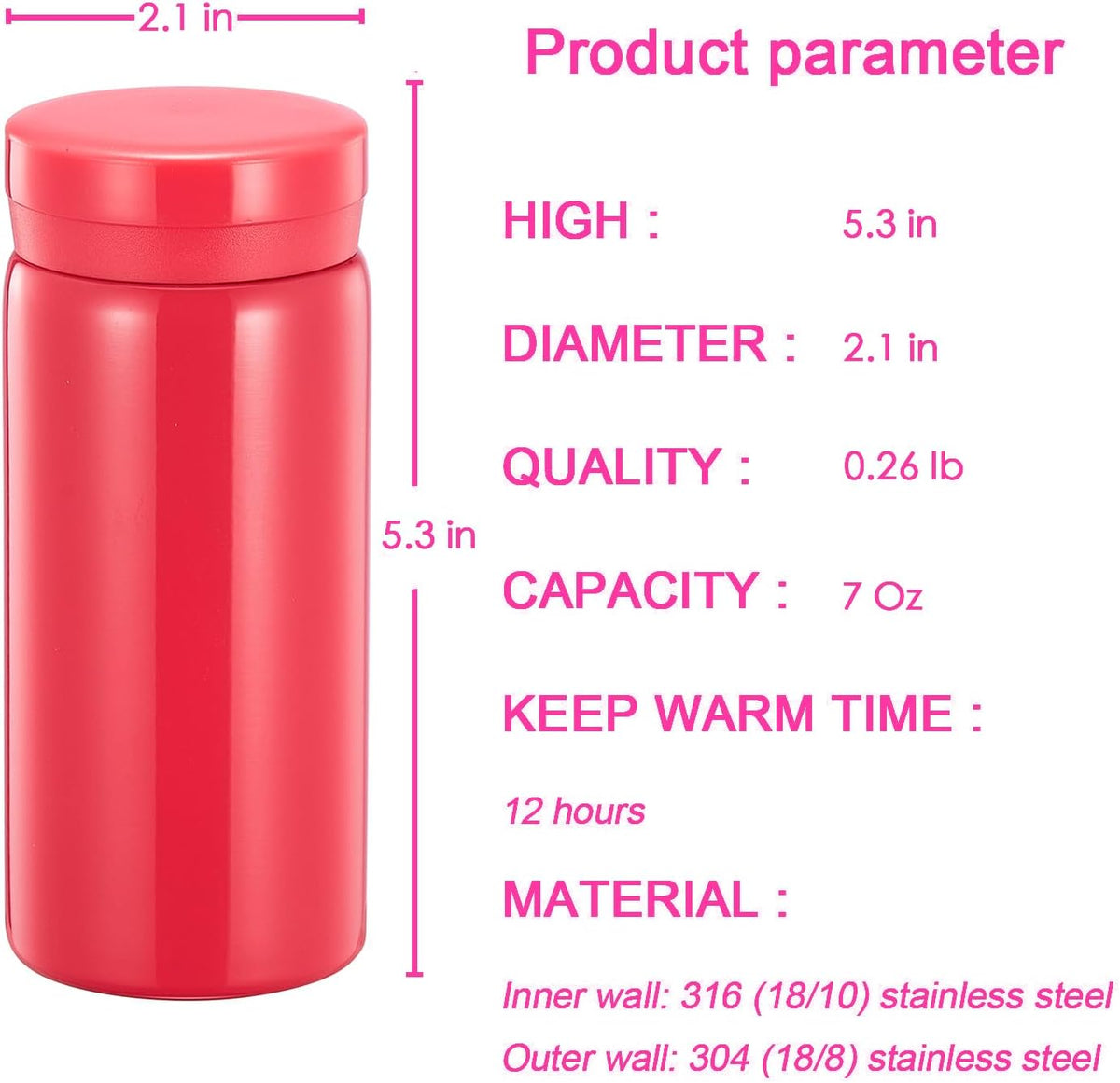 Mini Thermos Cute Water Bottle - 7 oz Tiny Insulated Vacuum 18/10 Stainless Steel Small Flask