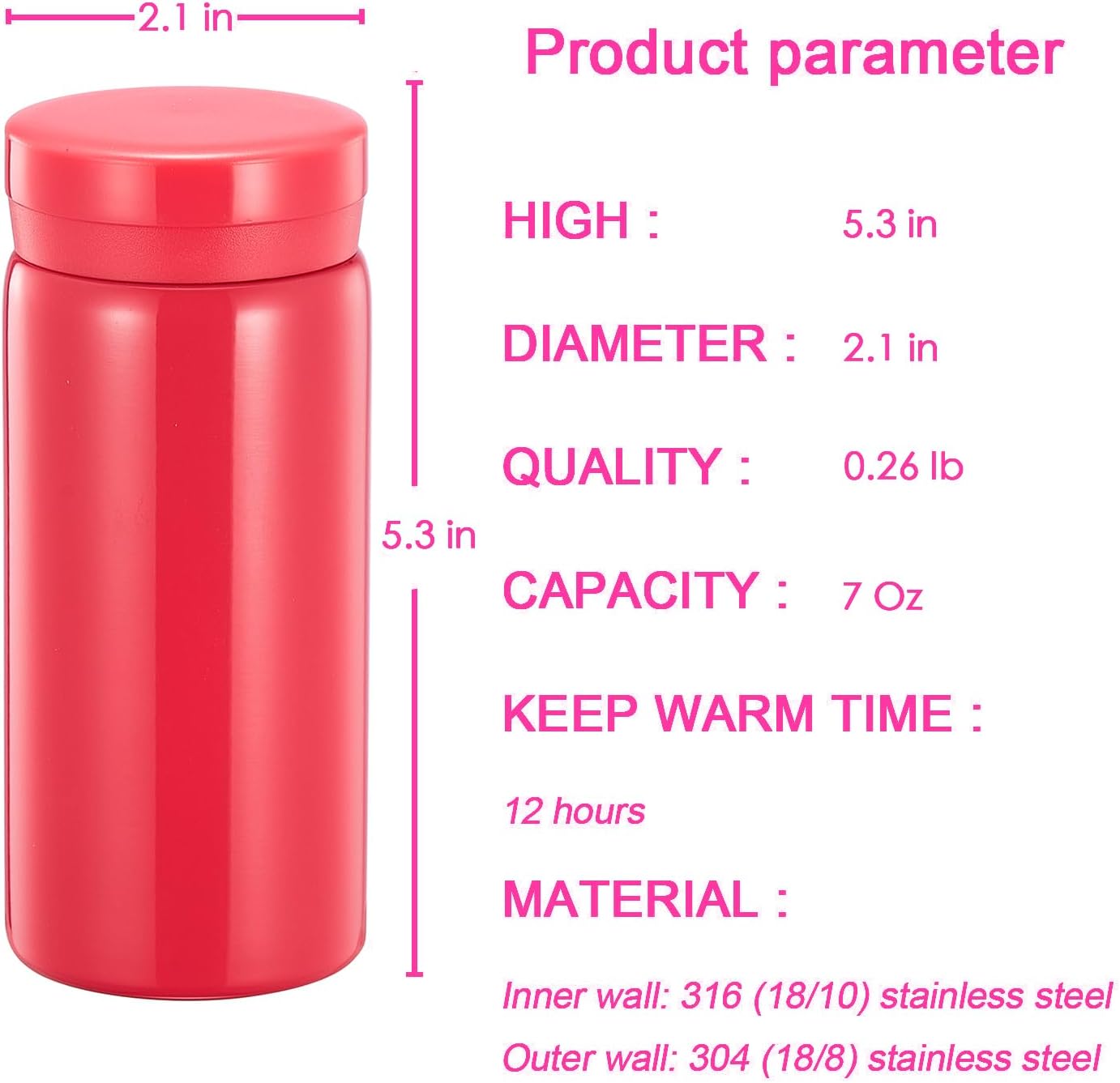 Mini Thermos Cute Water Bottle - 7 oz Tiny Insulated Vacuum 18/10 Stainless Steel Small Flask