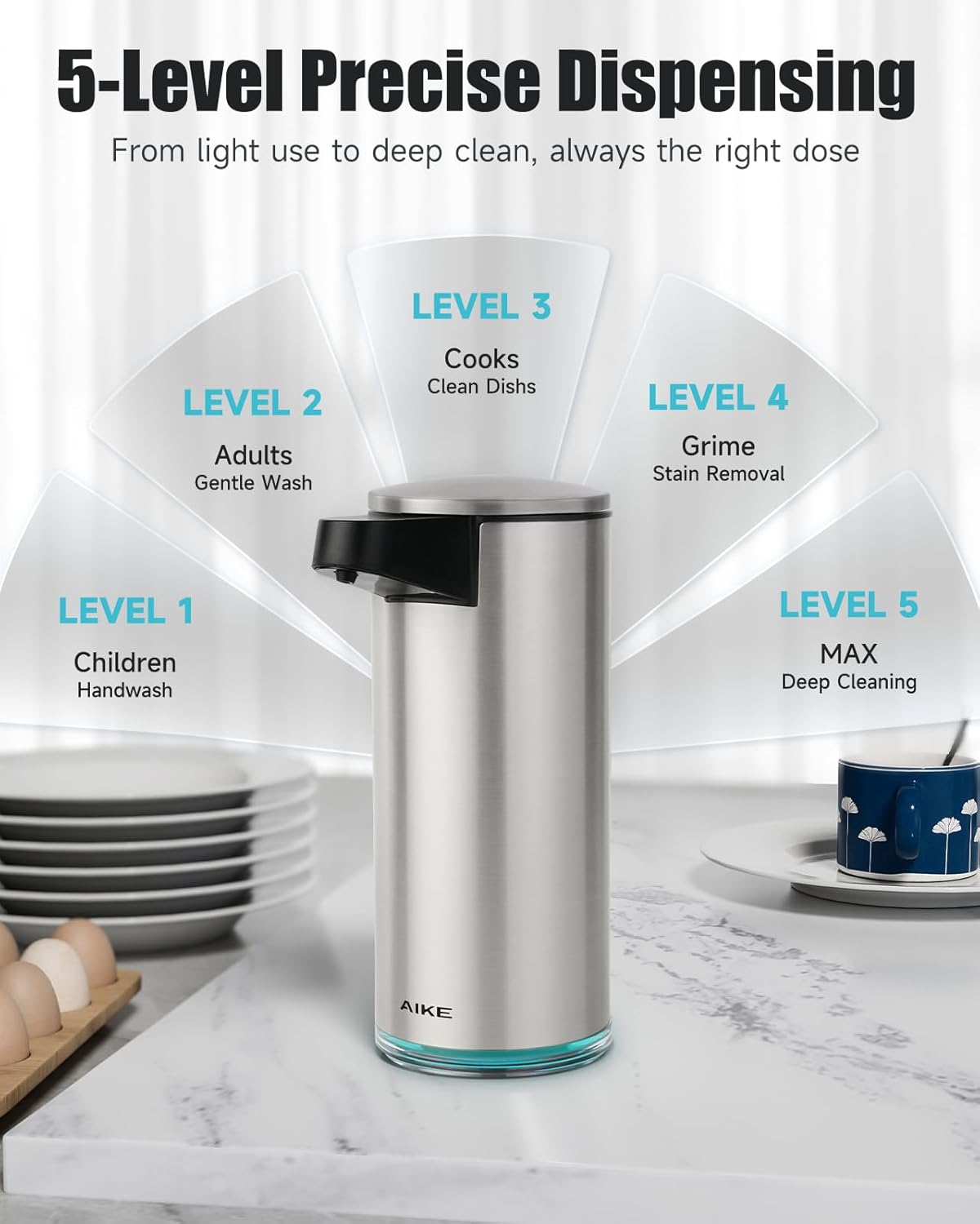 AIKE SensePro Automatic Soap Dispenser Type-C Rechargeable, Brushed Stainless Steel Finish 12.8