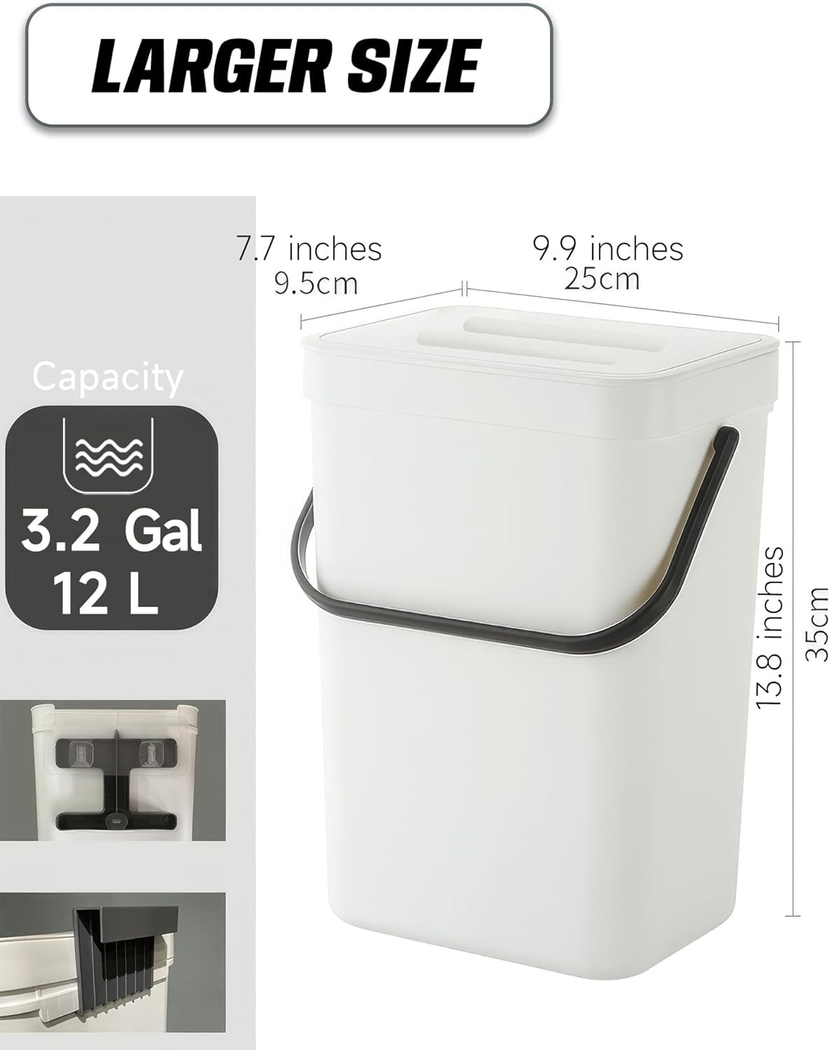 Kitchen Compost Bin - 3.2 Gallons Hanging Trash Can with Lid for Kitchen Bathroom, Under Sink Trash