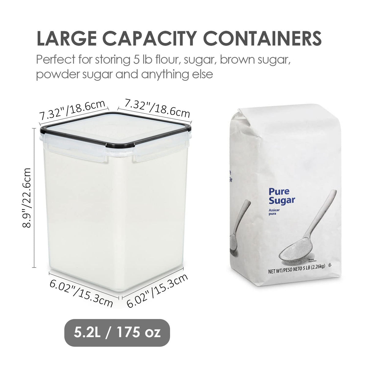 Vtopmart 5.2L Flour Sugar Storage Containers, 4 PCS, Black