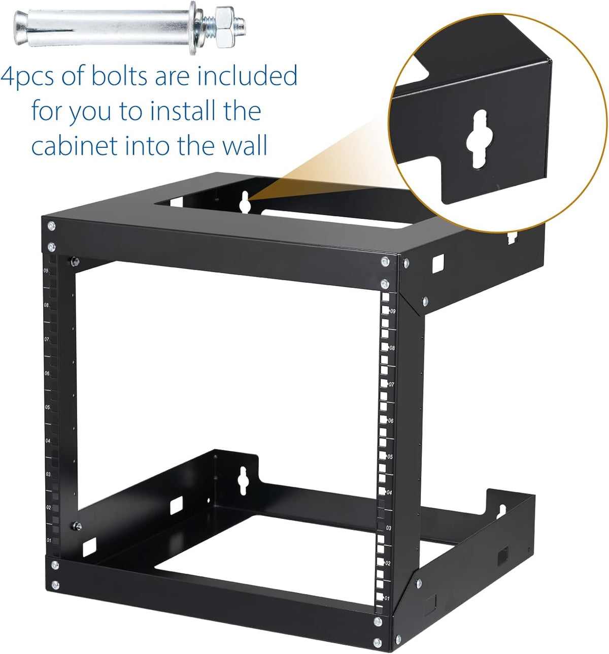 9U Wall Mount Rack Open Frame 19 Inch Server Equipment 2 Post Network Cabinet 18 inches Depth Black