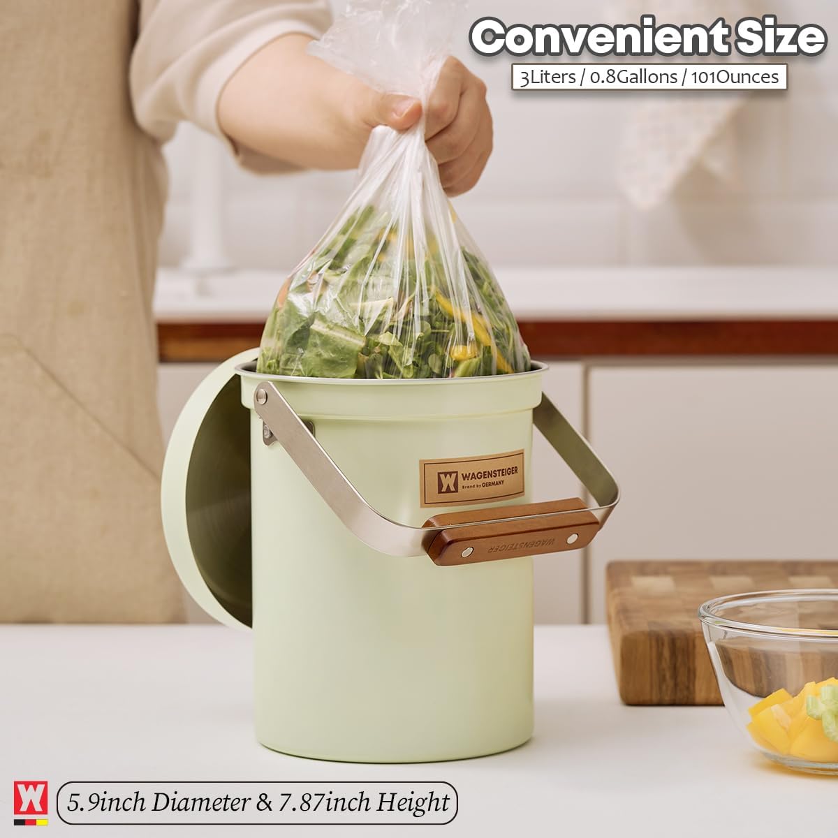Kitchen Countertop Compost Bin 101Ounces / 3Liter with Airtight Lid, SUS304 Stainless Steel