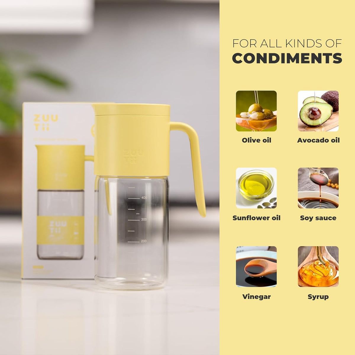 Zuutii Olive Oil Dispenser Bottle 18.6oz – Auto Flip Glass Vinegar Bottle with No-Drip Spout for