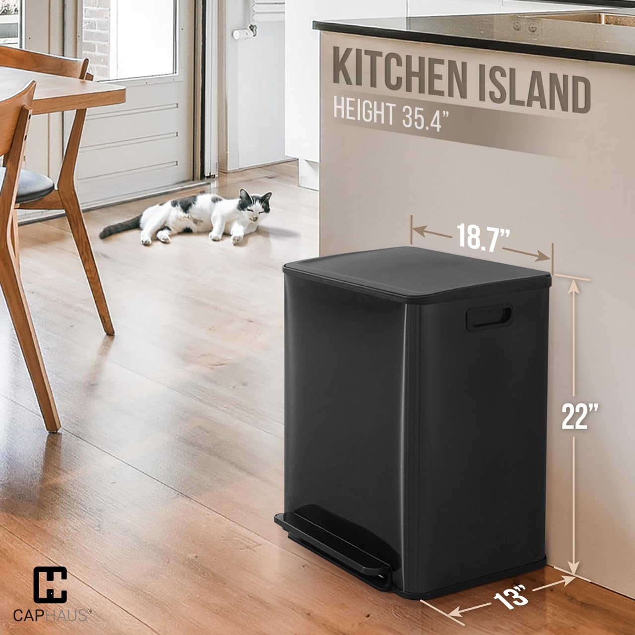 CAPHAUS Black Dual Trash Can w/Single Lid, Trash & Recycle Bins Combo, Hands-Free Stainless-Steel