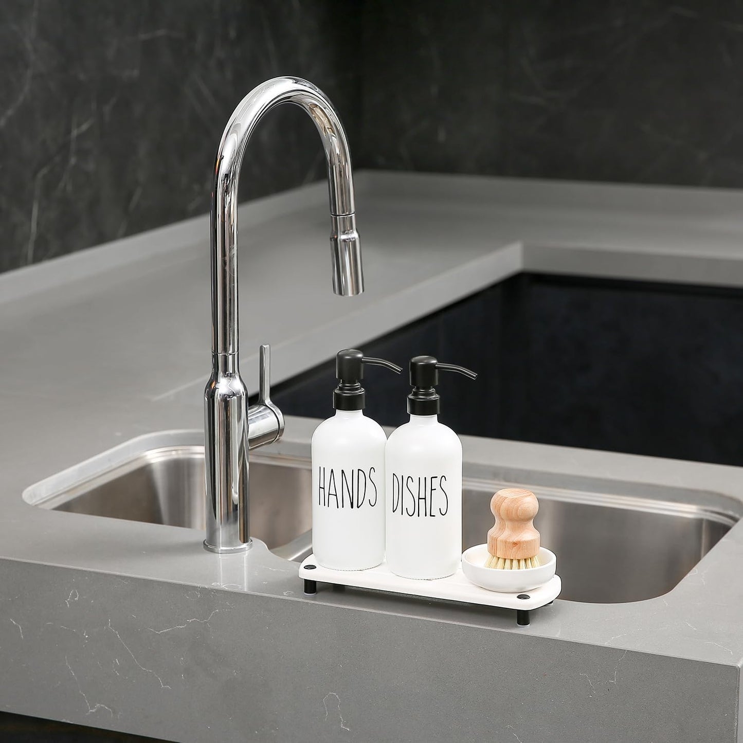MOMEEMO White Soap Dispenser Set Comes with Stainless Steel Pumps, Instant Dry Tray, and Dish Scrub