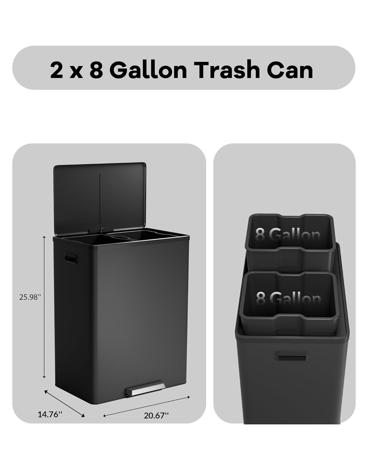 Garvee Dual Trash Can for Recycling and Trash, 2 x 30 L (60 L) Stainless Steel Kitchen Trash Can