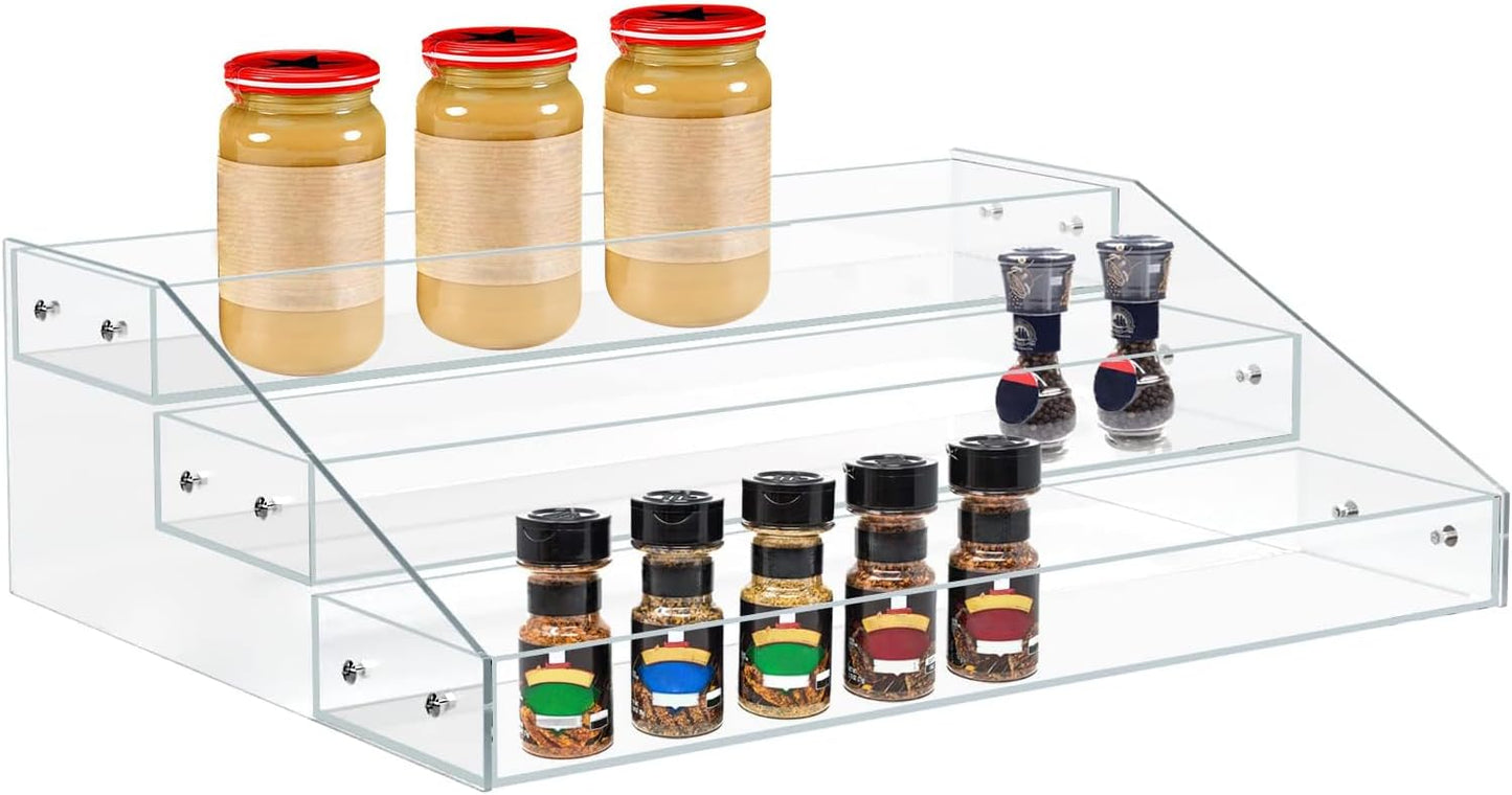 PMMASTO Widen Tiered Spice Rack, Seasoning Organizer, Clear Acrylic Vertical Shelves Can Organizer