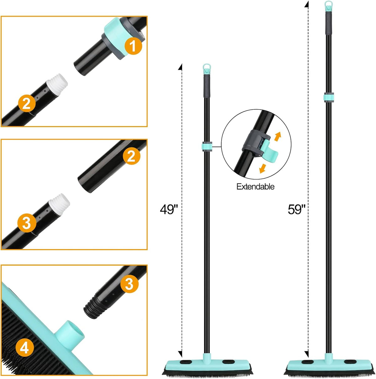 Rubber Broom Carpet Rake for Pet Hair Removal, Fur Remover Broom with 59" Telescoping Long Handle