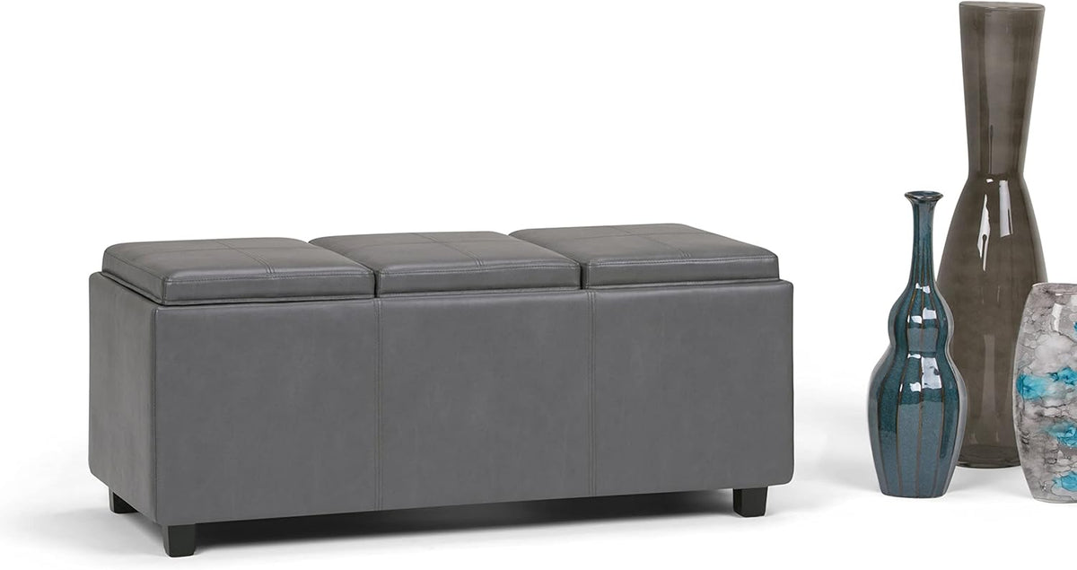 SIMPLIHOME Avalon 42 inch Wide Contemporary Rectangle Storage Ottoman in Stone Grey Vegan Faux