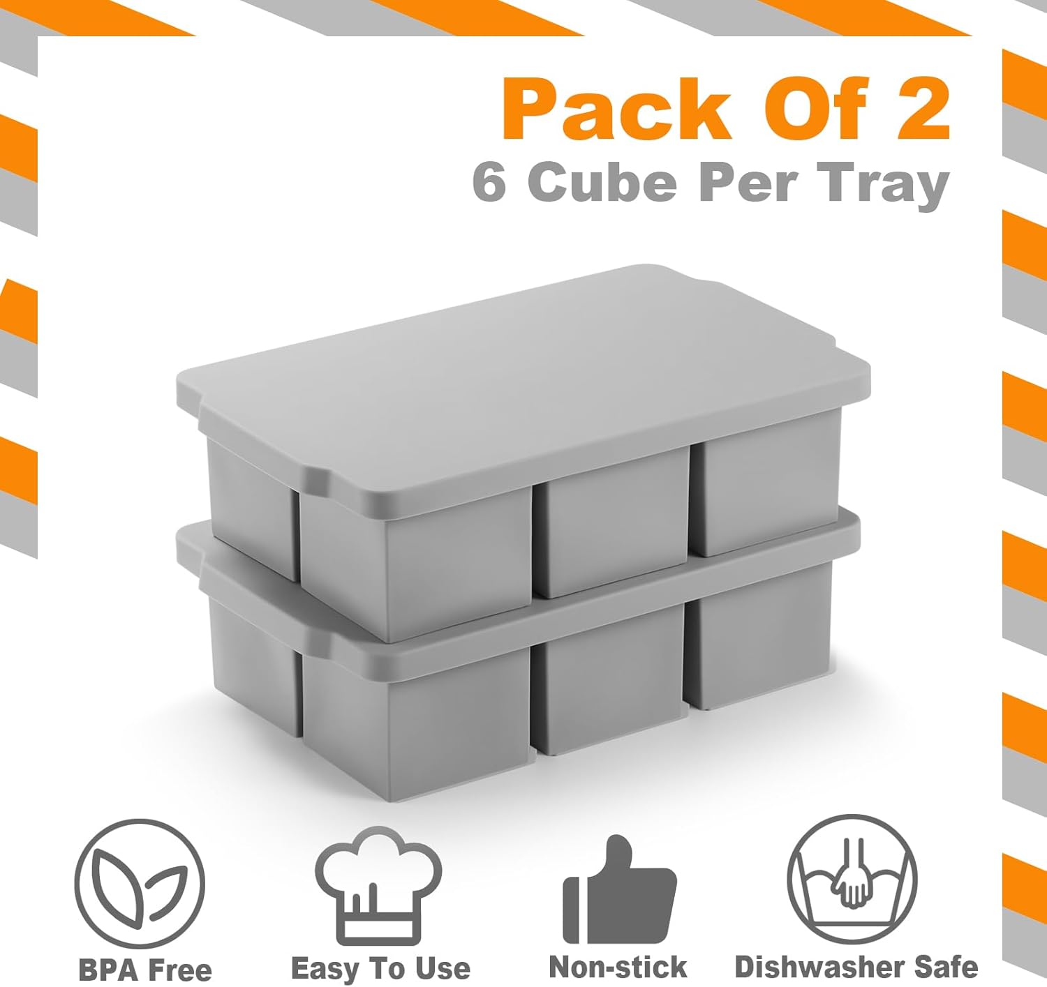 Nax Caki Large Ice Cube Tray with Lid Pack of 2, Stackable Big Silicone Square Ice Cube Mold for