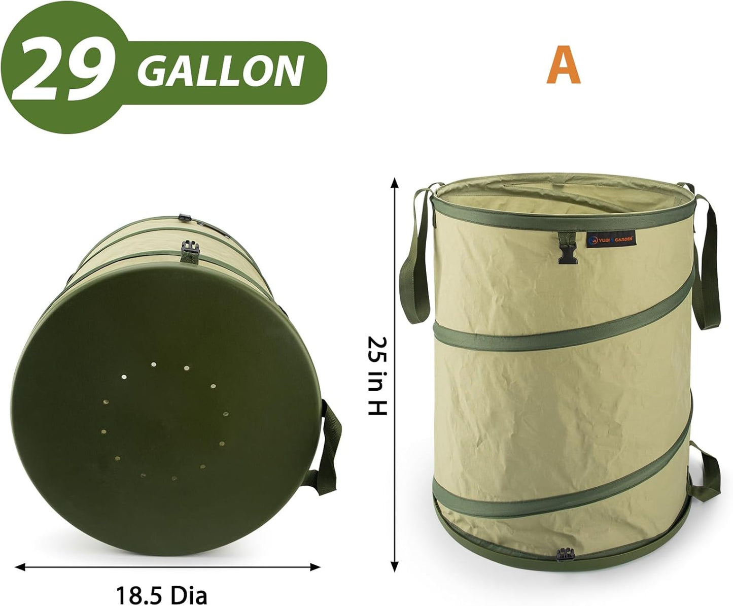 YUDI & GARDEN 29 Gallon Hard Bottom Collapsible Trash Can｜Collapsible Garden Bag｜Camping Trash Can