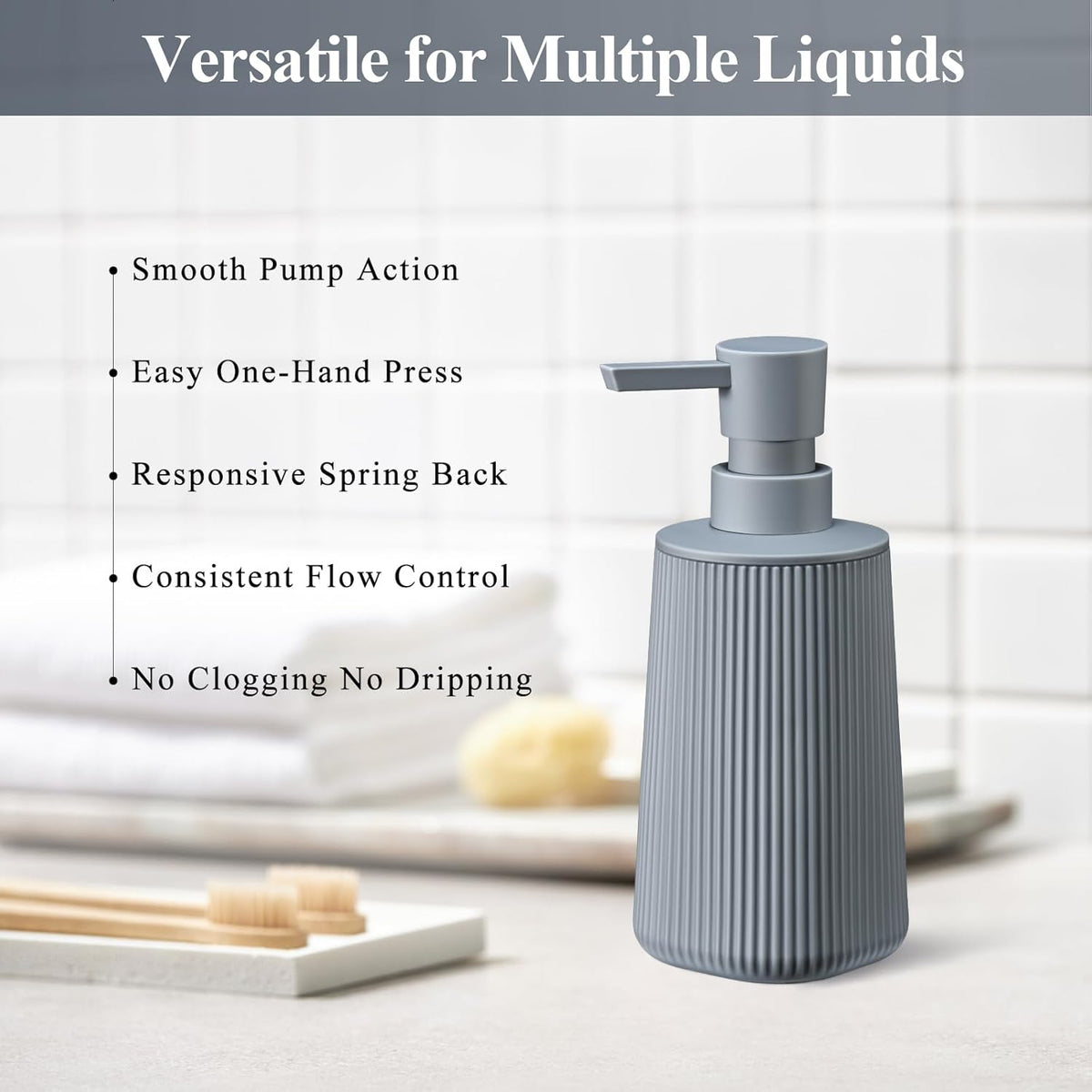 Gray Hand Soap Dispenser with No Rust Pump for Bathroom and Kitchen Countertops Refillable Striped