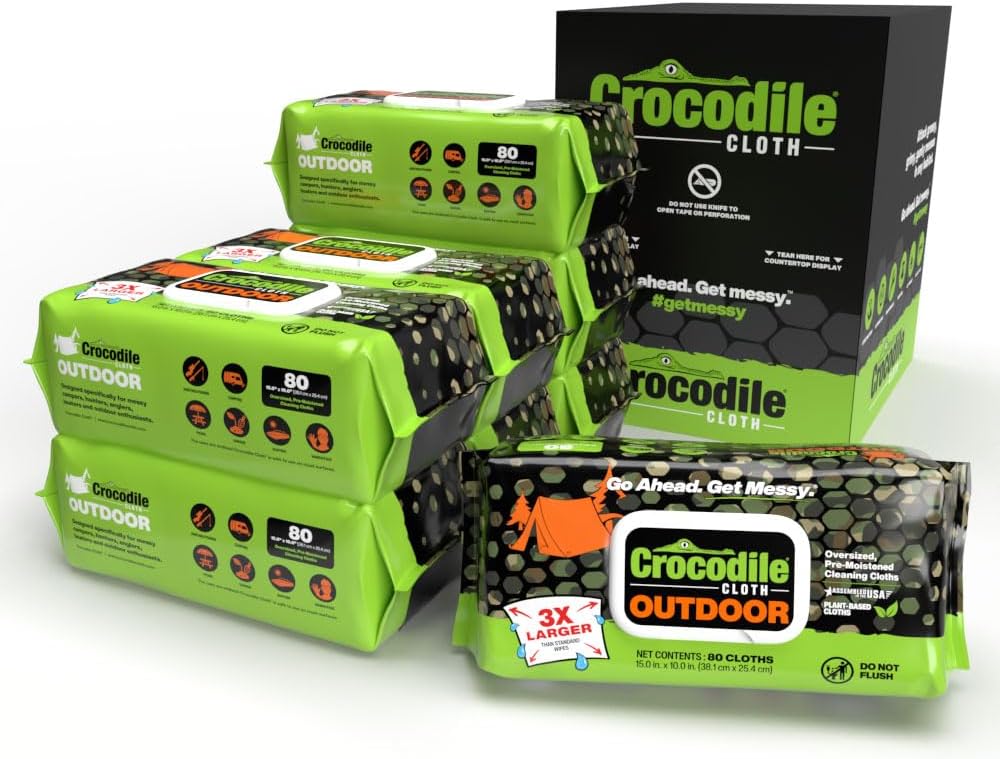 Crocodile Cloth Outdoor Cleaning Wipes – 8 Packs/640 Total Count Plant-Based Cloths (15"x10"), Skin