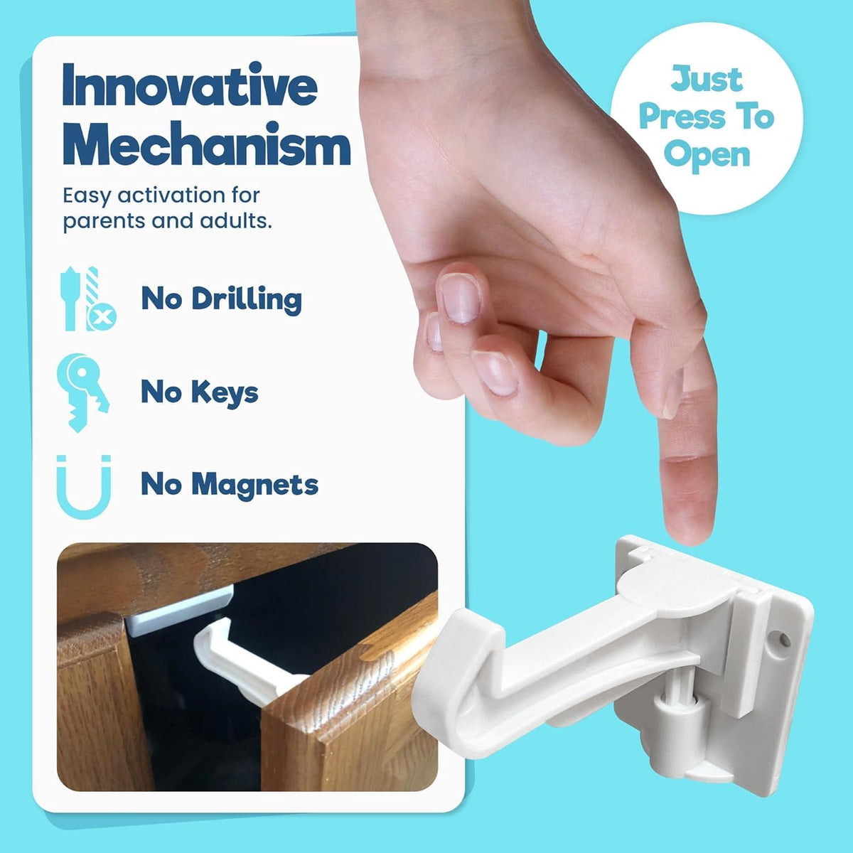 Upgraded Invisible Baby Proofing Cabinet Latch Locks (10 Pack) - No Drilling or Tools Required for
