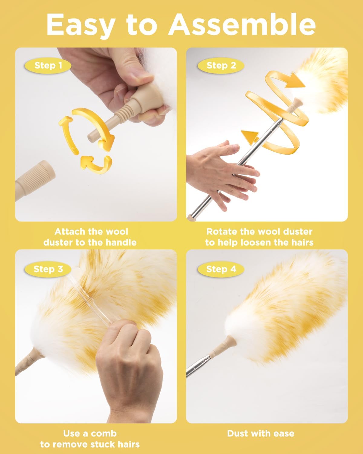 Extendable Lambswool Duster 30-100 Inch, Stainless Steel Long Handle Duster, Natural Feather Duster