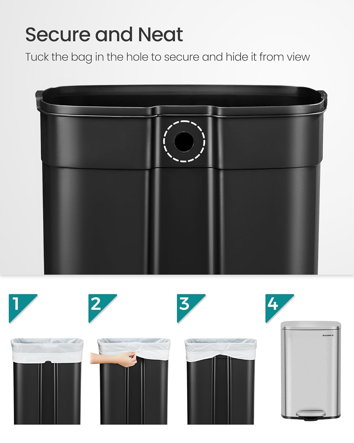 SONGMICS 13 Gallon (50 L) Trash Can, Stainless Steel Kitchen Garbage Can, Recycling or Waste Bin