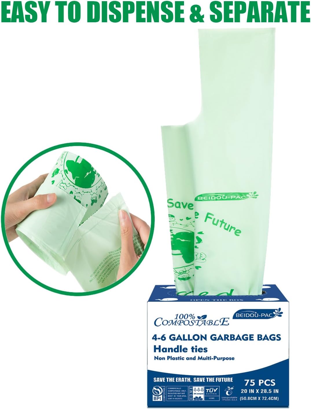 4-6 Gallon Compostable Trash Bags, 75 Count, Kitchen Compost Bags With Handle, Sturdy Biodegradable