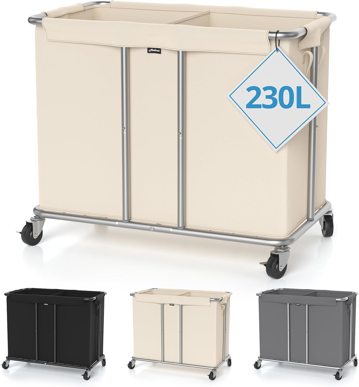 230L Rolling Laundry Hamper, 2-Section Laundry Basket with Wheels, 61 Gallons Laundry Sorter with