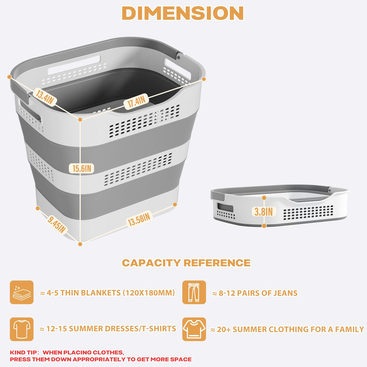 OOAMBB 43L(11.5Gallon) Collapsible Plastic Laundry Basket (Grey, 1 Pack) – view 6