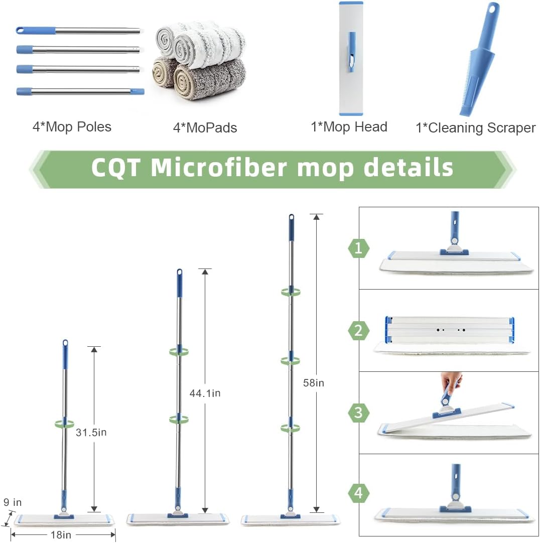 CQT Commercial Flat Microfiber Floor Mop Cleaning System 18" Inch Wet Dry and Dust Hardwood with 4