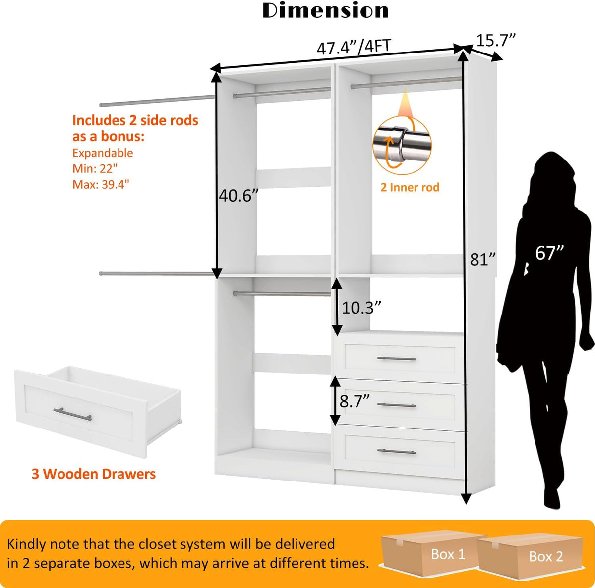 Closet System with 2 Sets, 4FT Closet Organizer Systems with 3 Wooden Drawers & 5 Hanging Rods