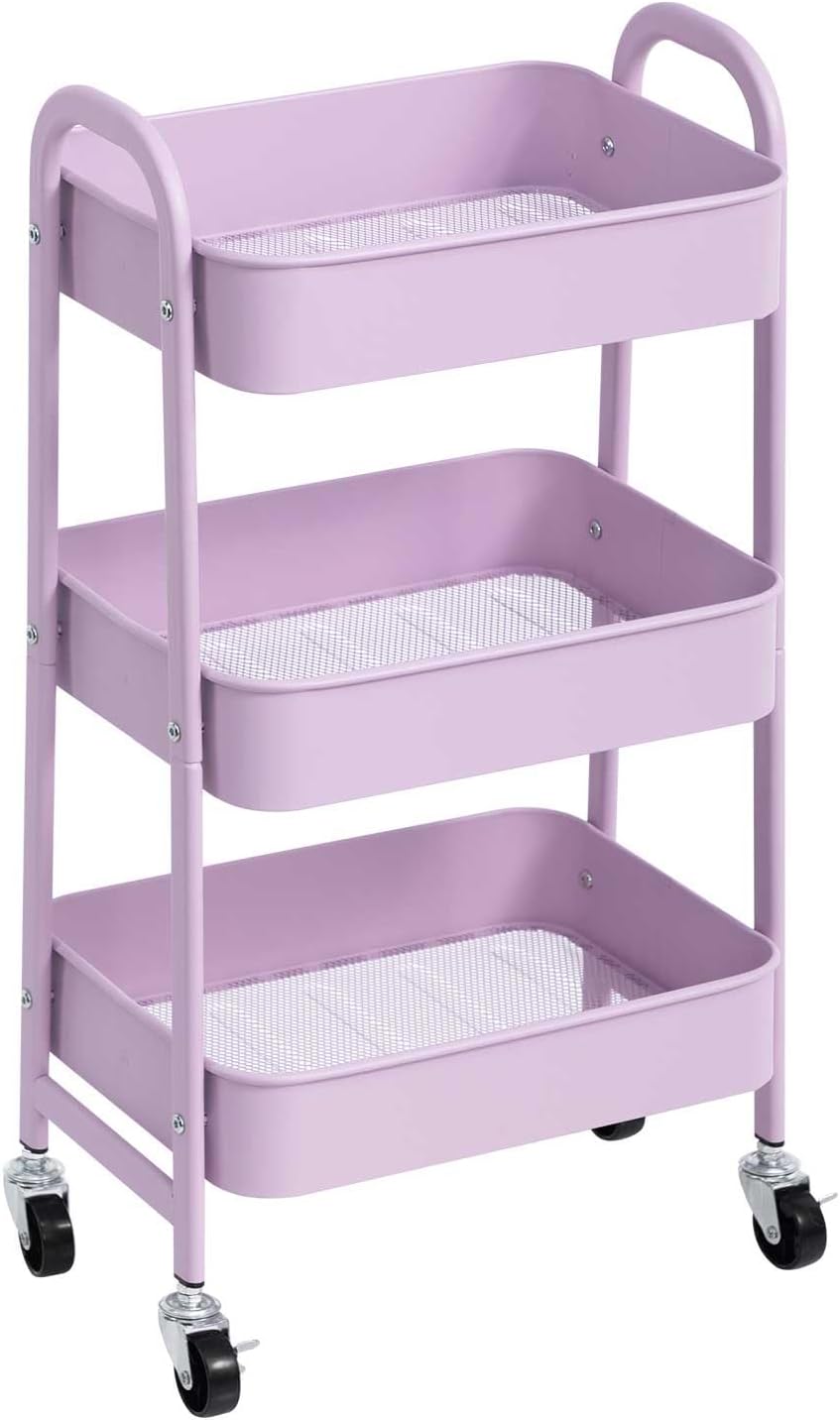 AGTEK Makeup Cart, Movable Rolling Organizer Cart, 3 Tier Metal Utility Cart with Lockable Wheels