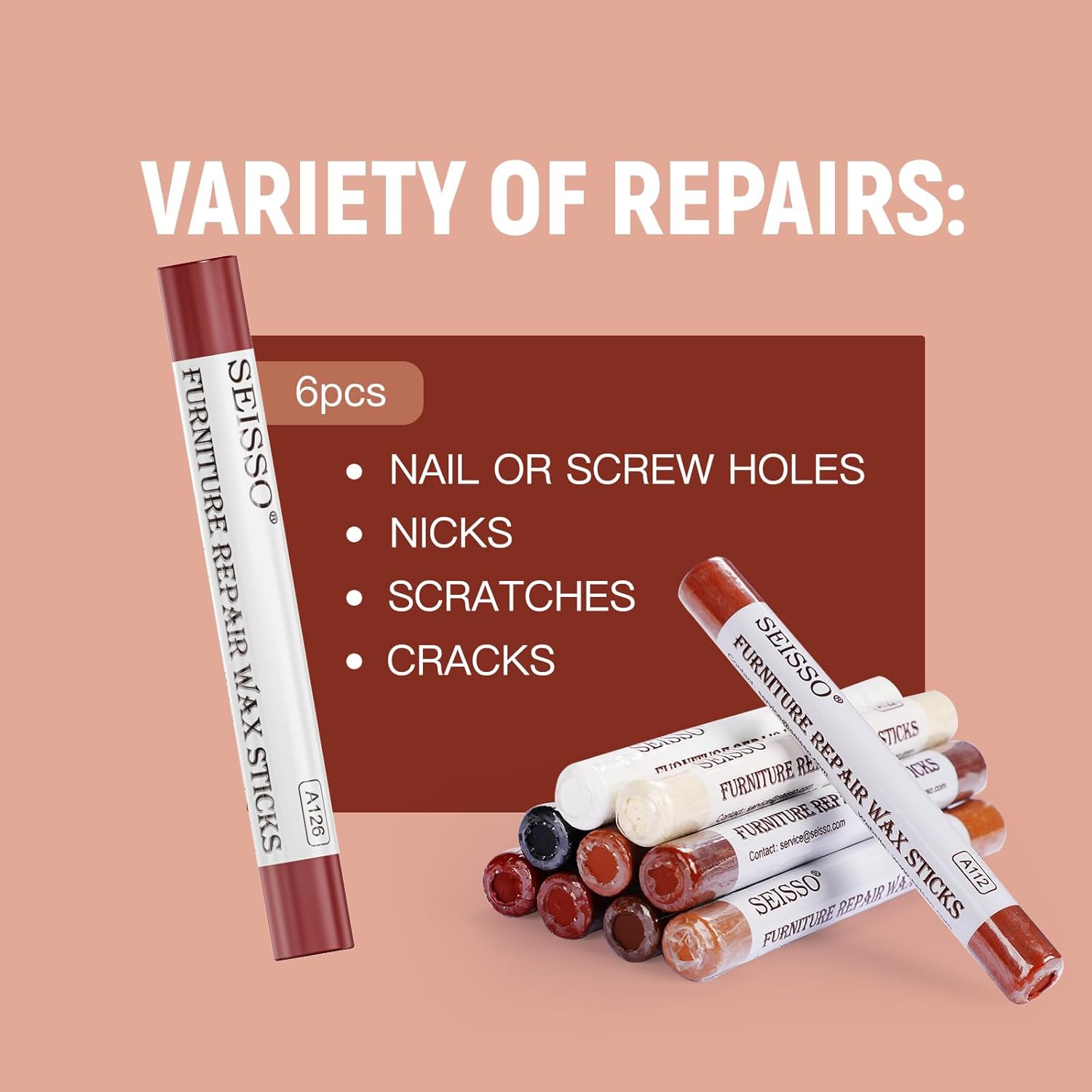 SEISSO Furniture Repair Crayon, 6 Pcs - Wood Filler Sticks, Scratch Repair Wax, Furniture Marking