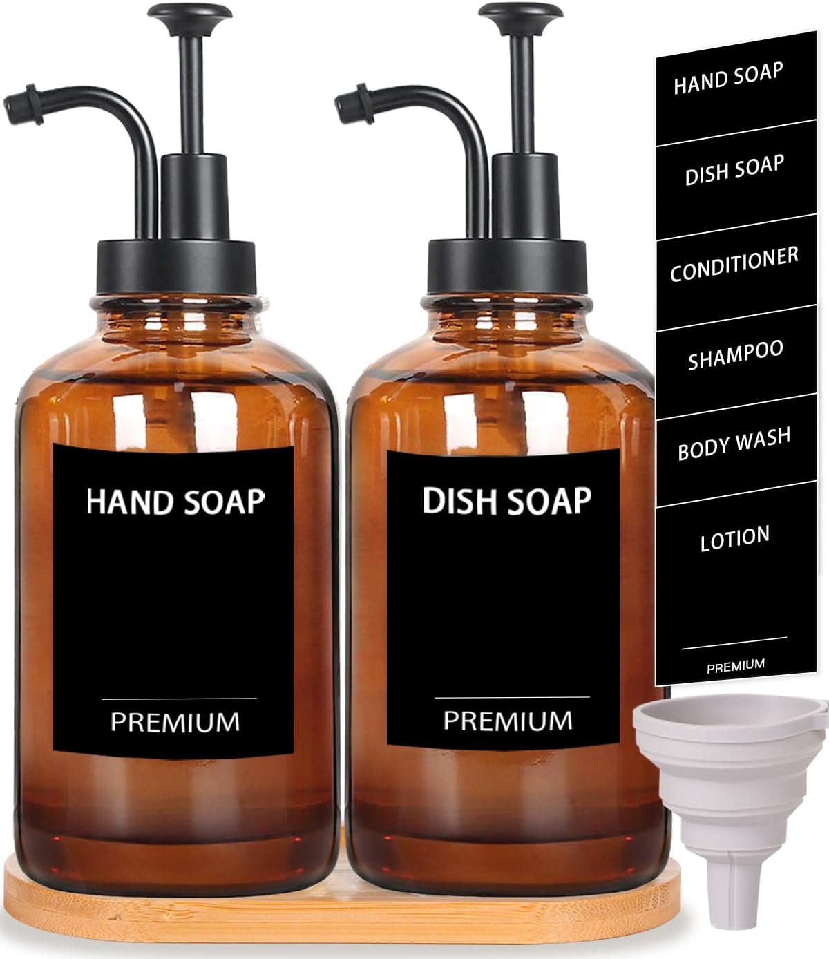 Amber 18 Oz Dish Soap Dispenser for Kitchen, Ultra-Thick Glass Soap Dispenser Set with Tray, Pump