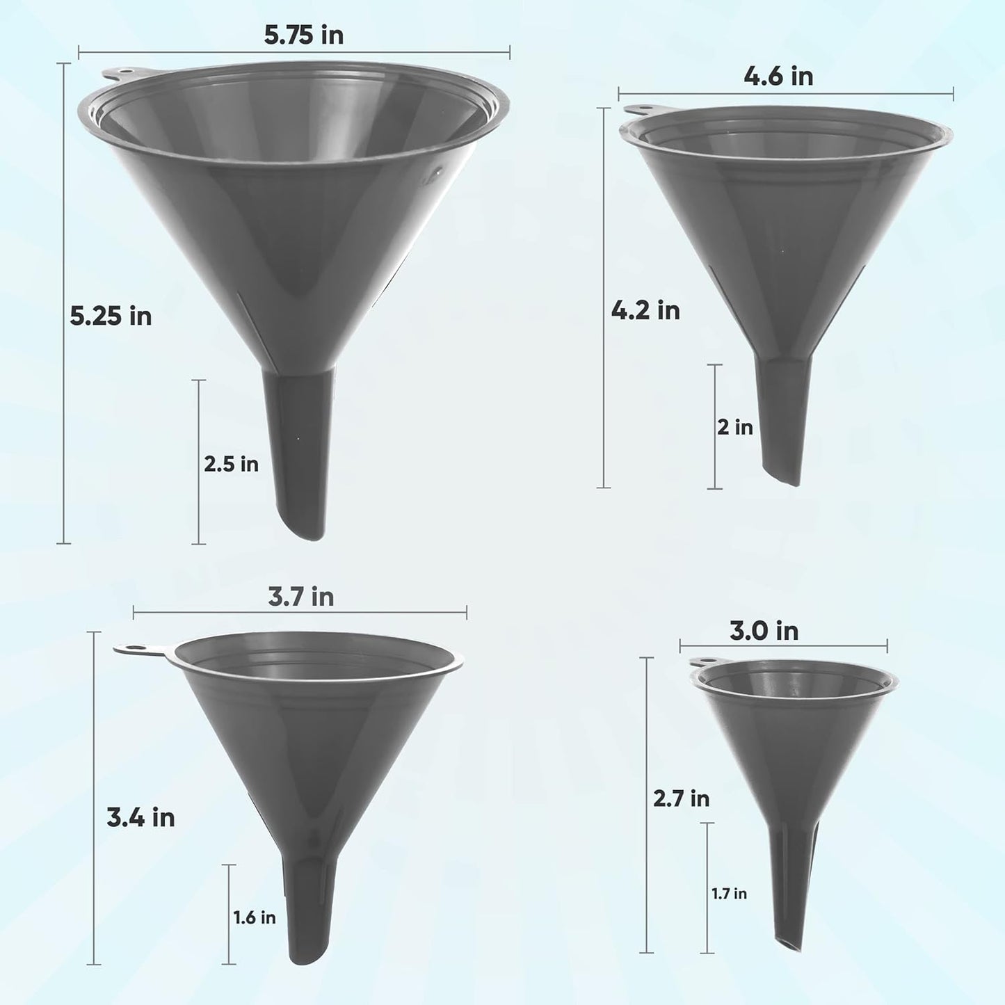 Funnel Gray in 4 Different Sizes (122, 101, 76 & 50mm) Durable & Non-Toxic Food Grade Plastic