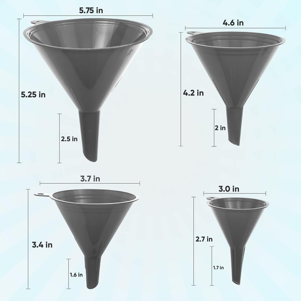 Funnel Gray in 4 Different Sizes (122, 101, 76 & 50mm) Durable & Non-Toxic Food Grade Plastic