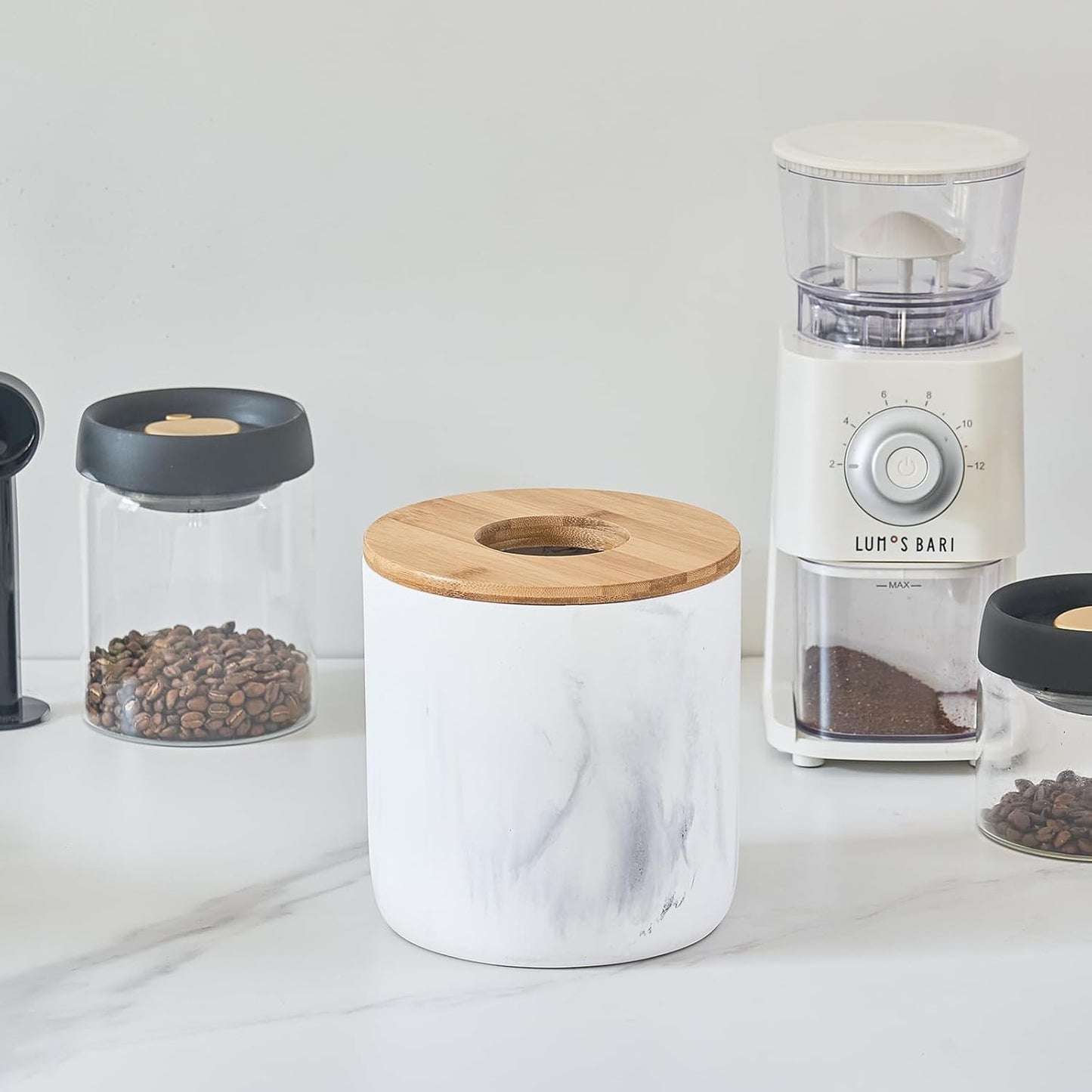 Polytree Marble White Mini Trash Can with Bamboo Lid,Small Countertop Trash Can,Desk Trash