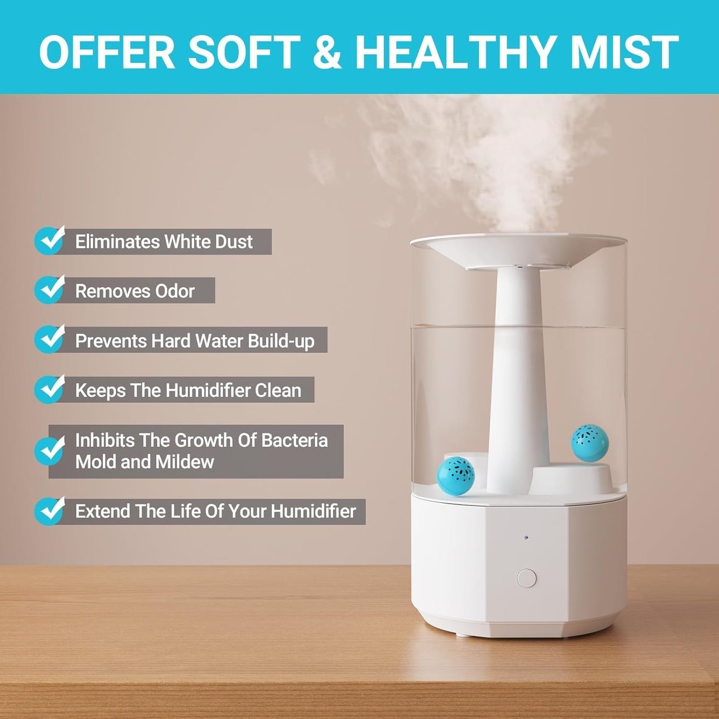Humidifier Cleaning Ball ??Fights Mold & Odor, Prevents Hard Water Build-Up, Eliminates White Dust
