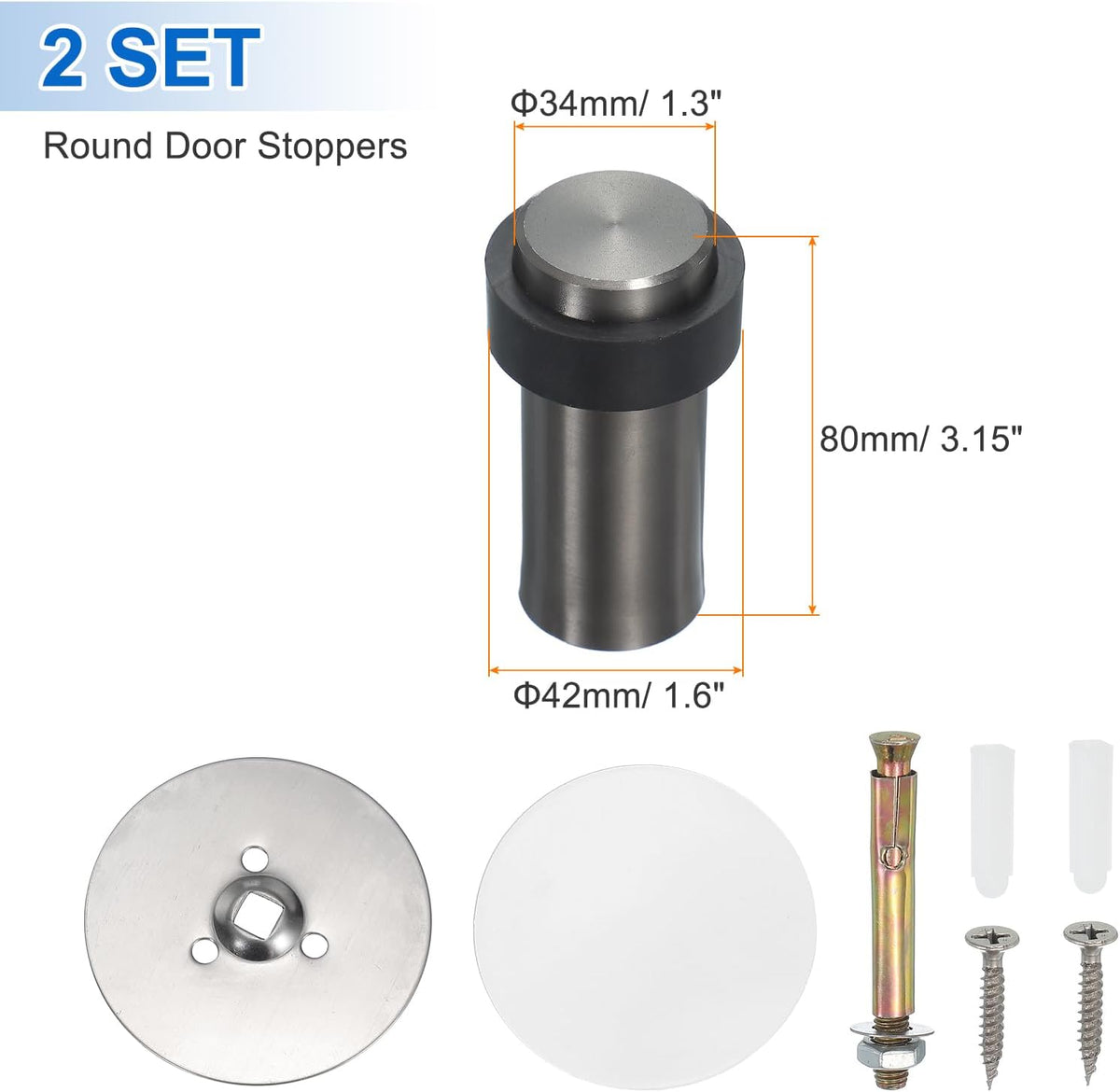 PATIKIL 2Set Round Door Stoppers, 80mm Stainless Steel Door Stop Doorstop Wedge Metal Cylinder Self