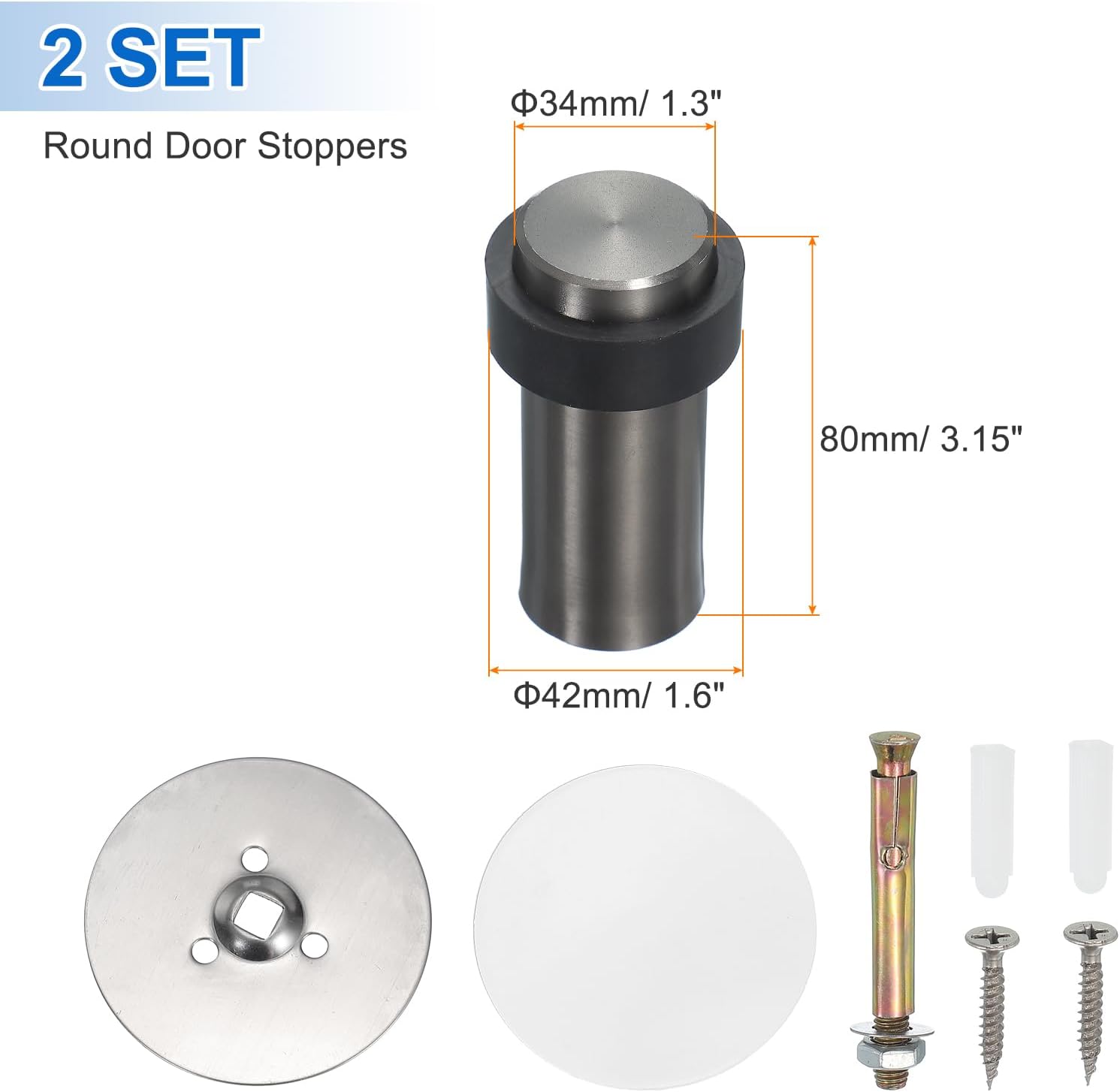 PATIKIL 2Set Round Door Stoppers, 80mm Stainless Steel Door Stop Doorstop Wedge Metal Cylinder Self