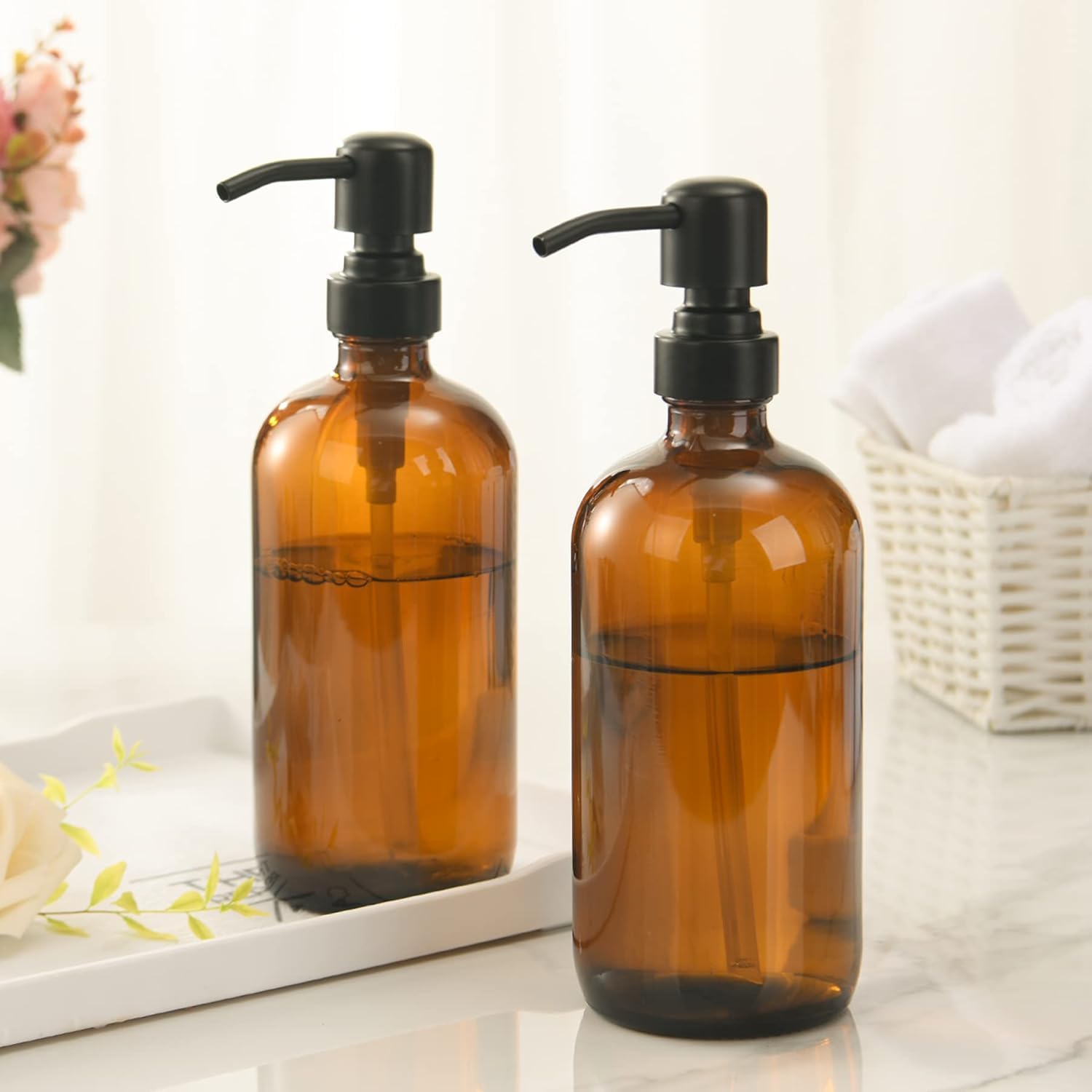 AmazerBath Amber Glass Soap Dispenser, 2 Pack Soap Dispenser Set with Stainless Steel Pump, Vintage