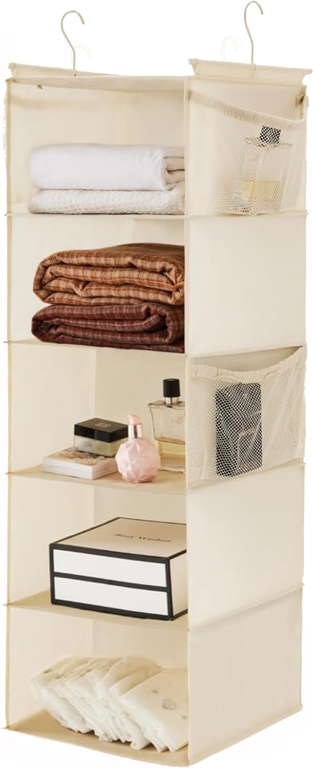 MAX Houser 5 Shelf Hanging Closet Organizer, Space Saver, Cloth Hanging Shelves with 4 Side