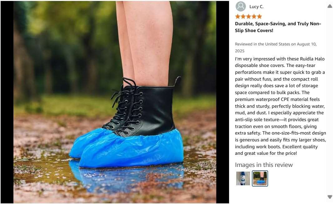 Shoe Covers Disposable Non Slip - 70‑Pack Compact Tear‑Off Roll, Waterproof CPE Boot
