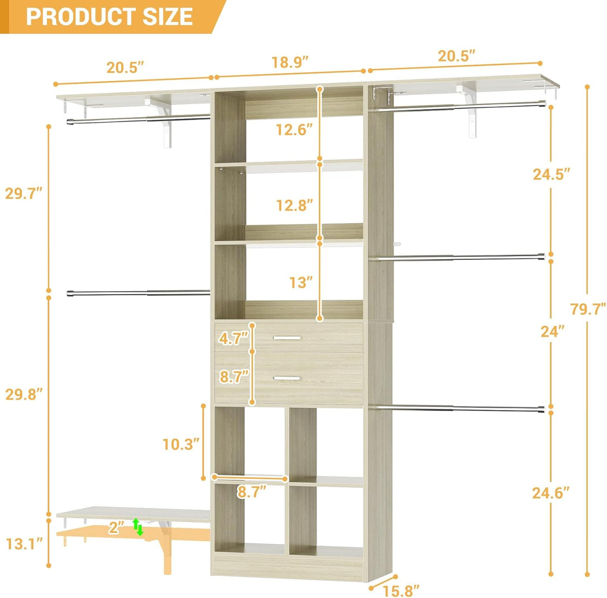 5FT Small Closet System, Baby Closet Organizer System with Wooden Drawers, 60 Inches Walk in Closet
