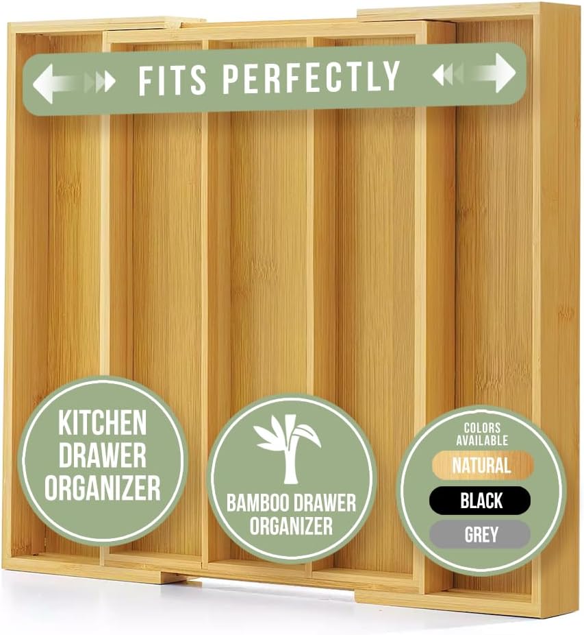 Purawood Kitchen Drawer Organizer - Expandable Utensil Drawer Organizer for Kitchen, Cutlery Tray &