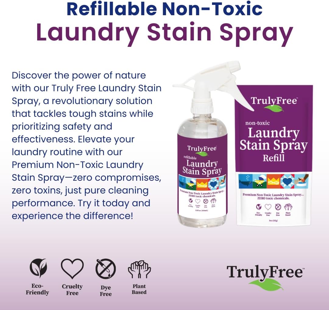 Truly Free Laundry Stain Remover Spray for Clothes - Removes Tough, Dried-In Stains on Whites &