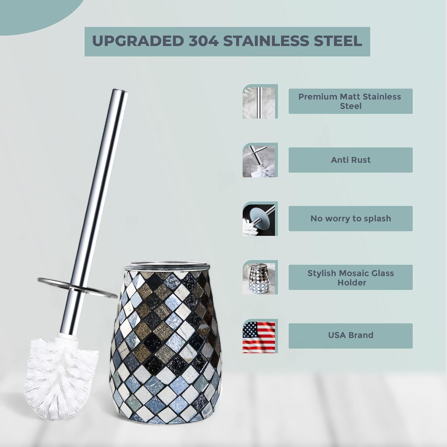 Escenzy Modern Toilet Brush and Holder Set Mosaic Glass | Non-Rustic Stainless Steel | Practical &
