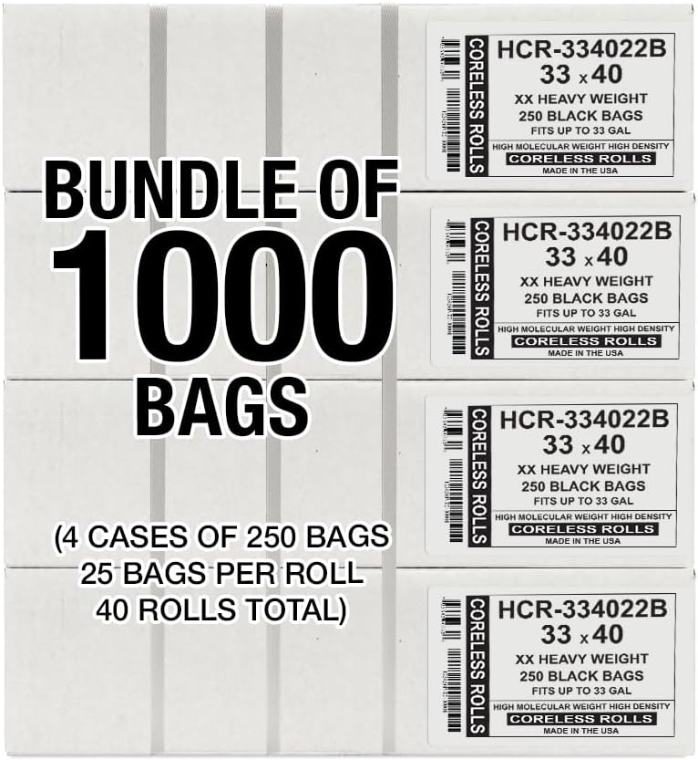 Aluf Plastics High Density Trash Bags, 33 Gallon, 1000 Count, 22 Micron (eq), 33" x 40", Black, for