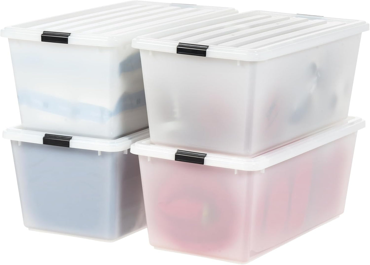 IRIS USA 91 Qt Stackable Plastic Storage Bins with Lids, 4 Pack - BPA-Free, Discreet Organizing