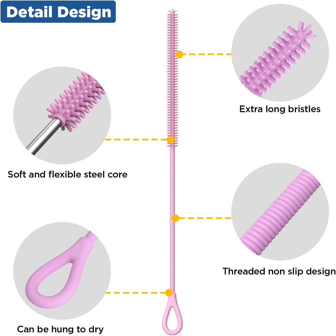 YOTIME Silicone Straw Cleaner Brush, 2Pcs Reusable Straw Brush Extra Long for Cleaning Tumbler with