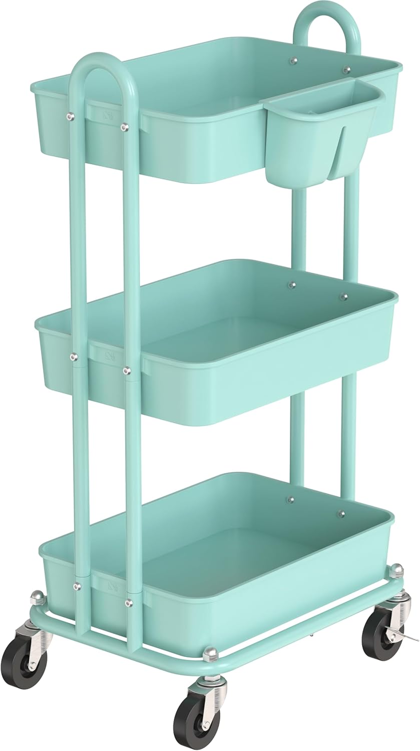Simple Houseware 3-Tier Multifunctional Rolling Utility Cart with Hanging Bucket, Turquoise