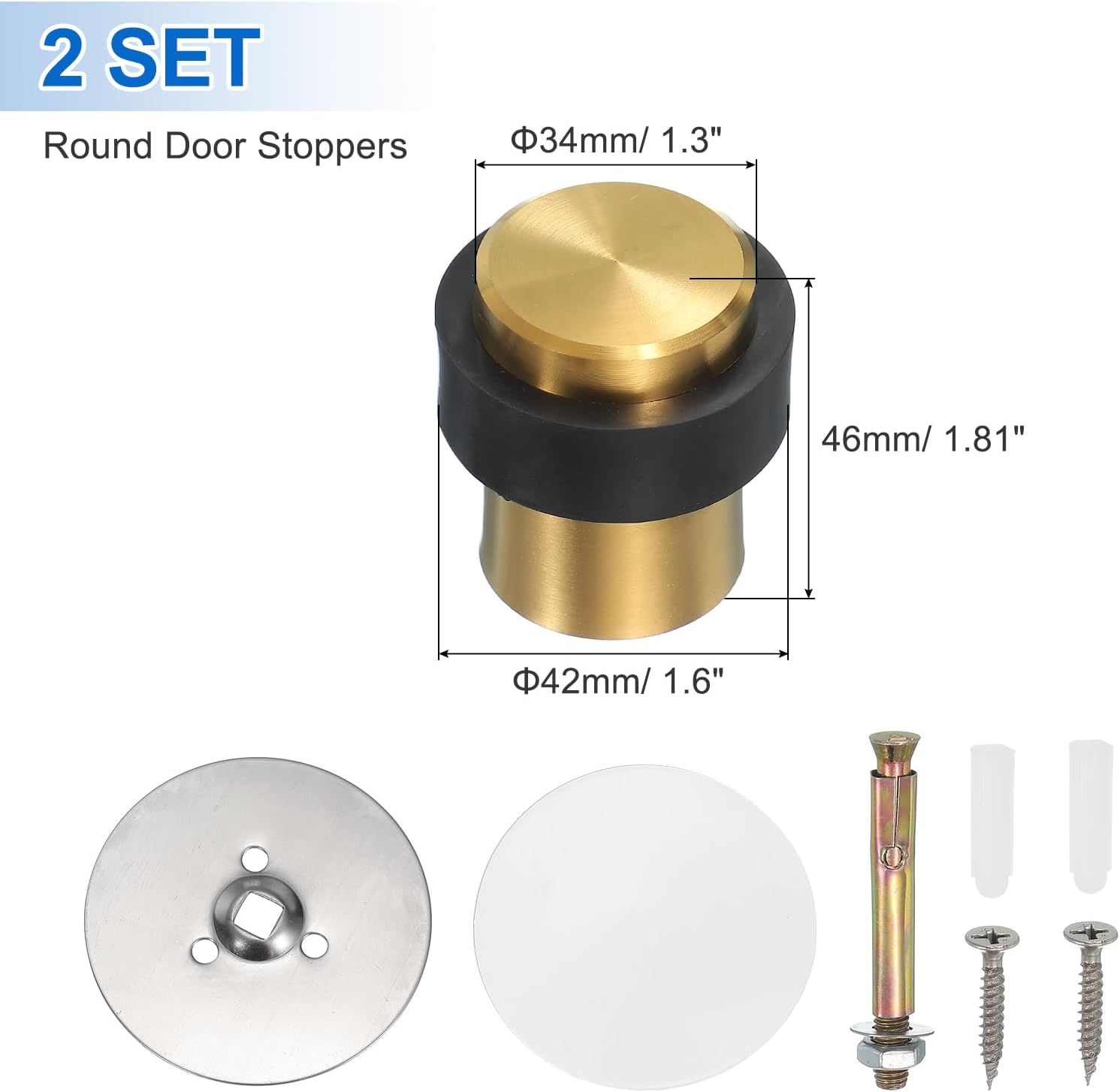 PATIKIL 2Set Round Door Stoppers, 46mm Stainless Steel Door Stop Doorstop Wedge Metal Cylinder Self