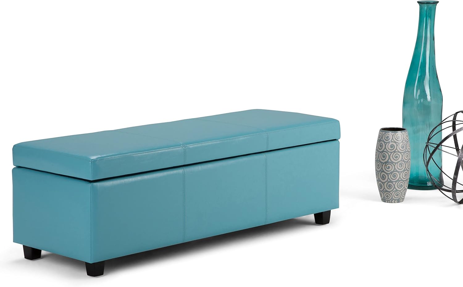SIMPLIHOME Avalon 48 inch Wide Contemporary Rectangle Storage Ottoman Bench in Soft Blue Vegan Faux