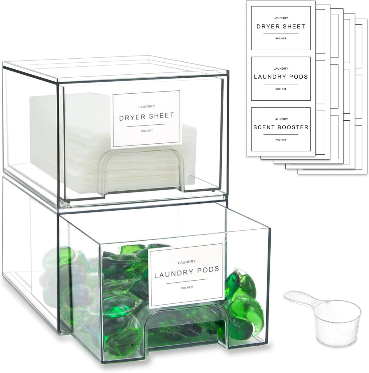 2 Pack Laundry Room Organization Storage Drawers with Labels, Clear Stackable Dryer Sheet Holder